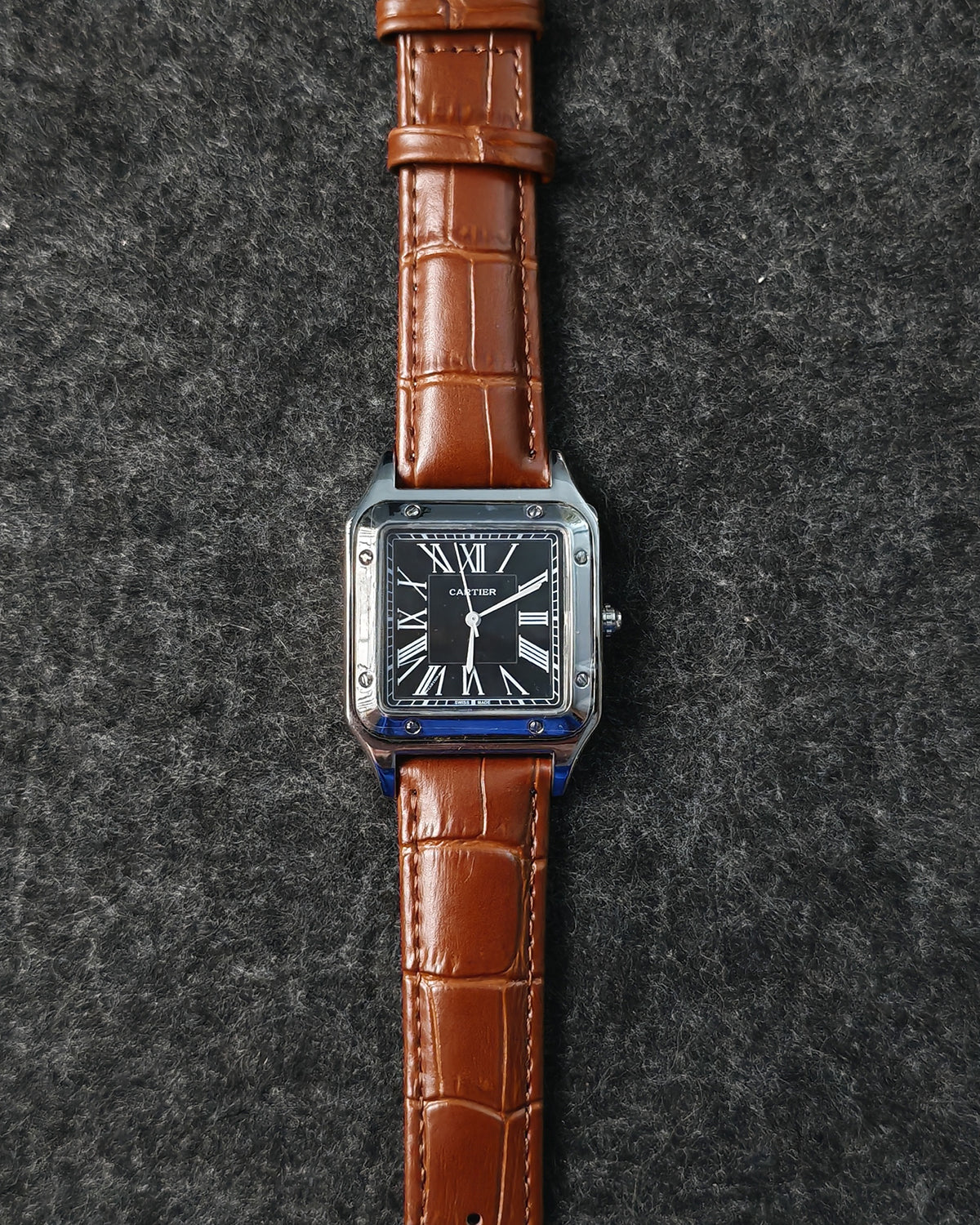 ساعة كارتير رجالي مينا سودة اطار سيلفر بستراب بني جلد طبيعي ضد الميه