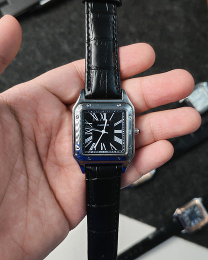 ساعة كارتير رجالي مينا سودة اطار سيلفر بستراب اسود جلد طبيعي ضد الميه