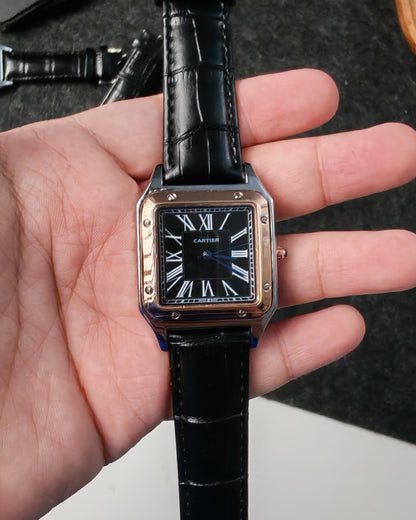 ساعة كارتير رجالي مينا سودة اطار دهبي بستراب اسود جلد طبيعي ضد الميه