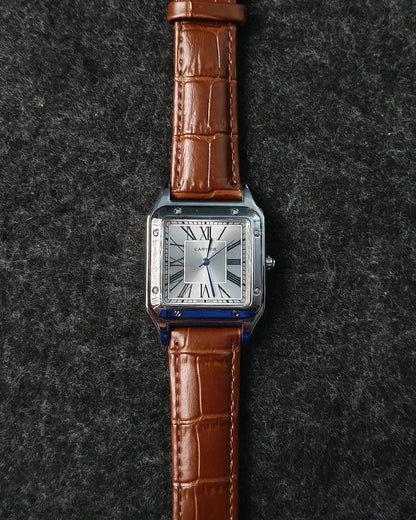 ساعة كارتير رجالي مينا ابيض اطار سيلفر بستراب بني جلد طبيعي ضد الميه