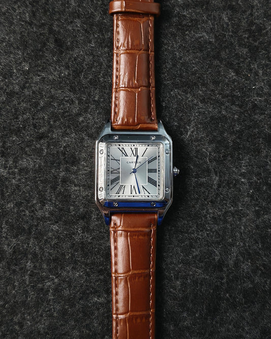 ساعة كارتير رجالي مينا ابيض اطار سيلفر بستراب بني جلد طبيعي ضد الميه