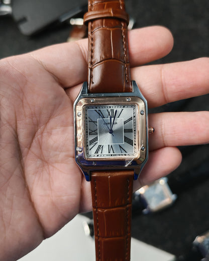 ساعة كارتير رجالي مينا ابيض اطار دهبي بستراب بني جلد طبيعي ضد الميه